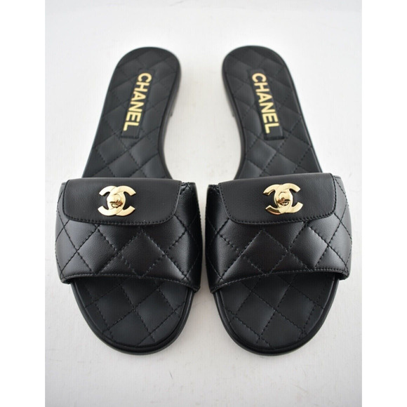 Chanel REV Black Turnlock Quilted Gold CC Logo Mules Slide Sandal Flop Flat 37 - Picture 1 of 12